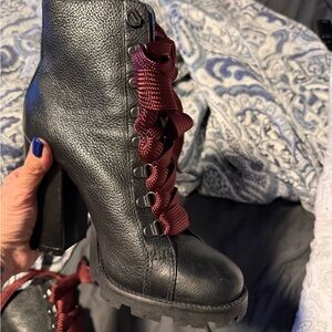 Black Leather Lace-Up Ankle Boots with Burgundy Ribbon Laces